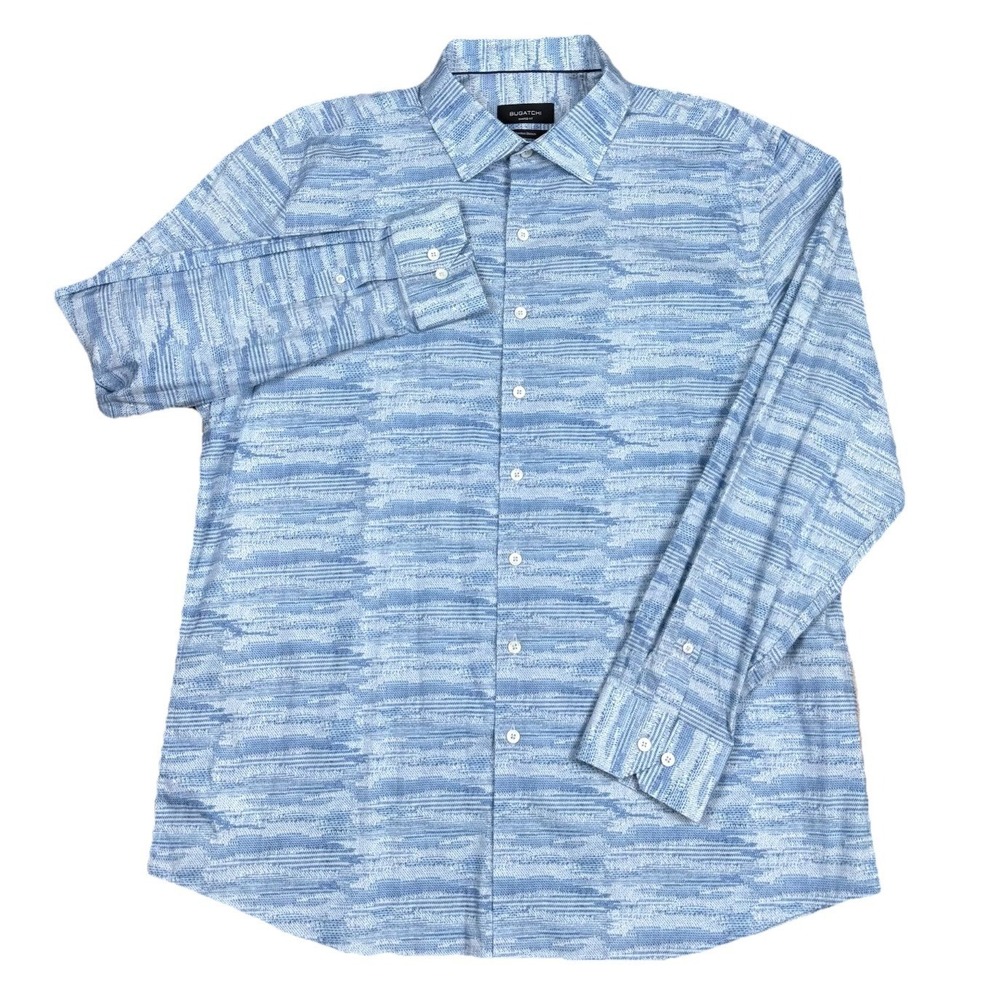 Bugatchi Shirt Mens XXL Blue Abstract Shaped Fit Comfort Stretch Button-Up
